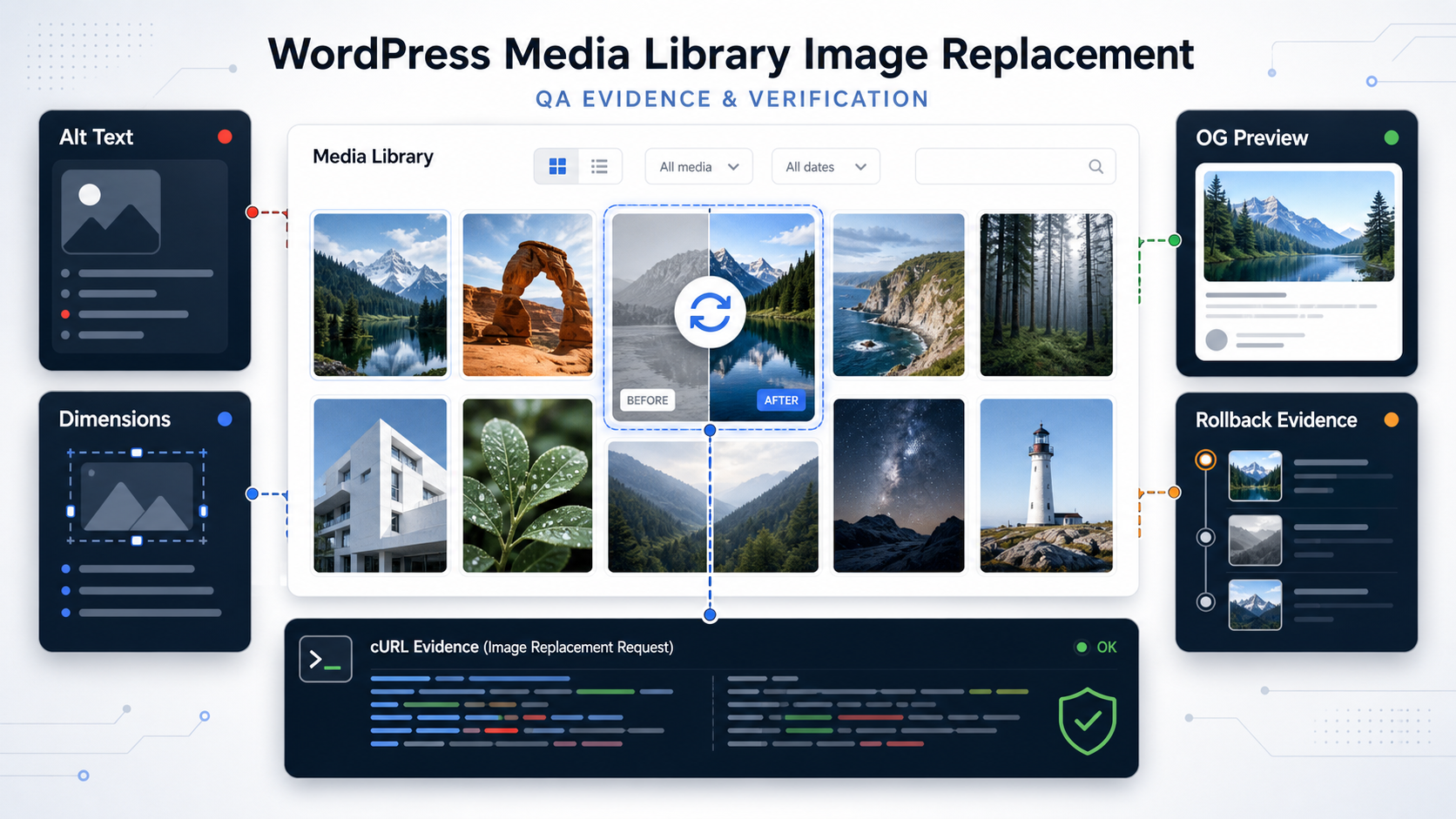 WordPress 圖片替換 QA cover,顯示媒體庫圖片卡片、Alt 文字、尺寸、OG 預覽與回滾證據面板